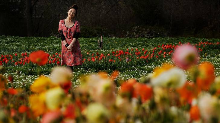 Fashion designer Leona Edmiston is the face of Floriade for this year amongst the flowers today Photo: Colleen Petch