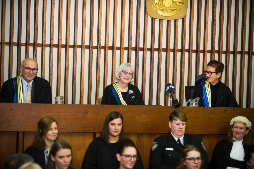 A ceremonial sitting to mark the retirement of Justice Hilary Penfold, centre, as ACT Supreme Court Judge. Photo: Dion Georgopoulos
