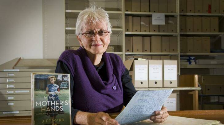 Author Biff Ward with her book <i>In My Mother's Hands</i>. Photo: Elesa Kurtz