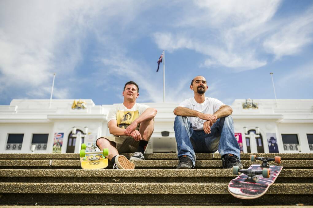 Christian Sheldrick and Tony Caruana from the Canberra Skateboarding Association, who are upset that the NCA is 'skatboard proofing' the national monuments in the triangle.  Photo: Rohan Thomson