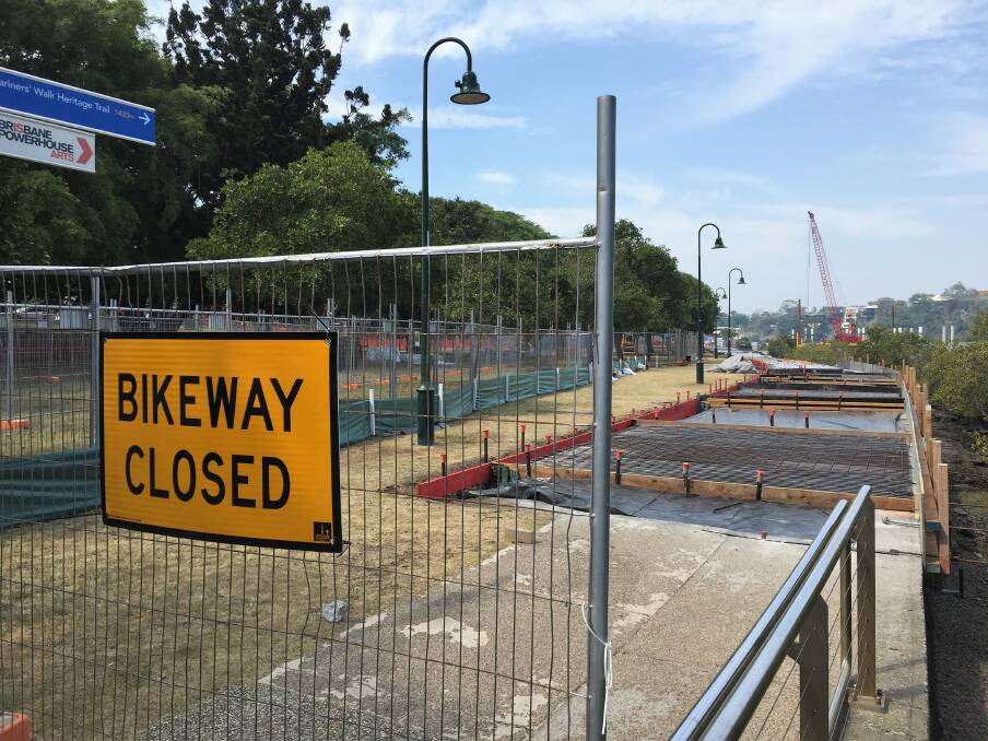 Sections of New Farm Park, including the cycleway along the river, are closed while upgrades take place. Photo: Lucy Stone/Brisbane Times