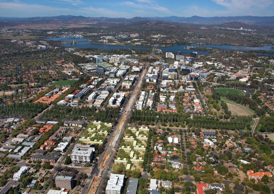 The prominent blocks, Block 1 Section 68 and Block 4 Section 60, have been put to the market as part of the ACT government's sale of land in the corridor to encourage higher-density city. Photo: Supplied
