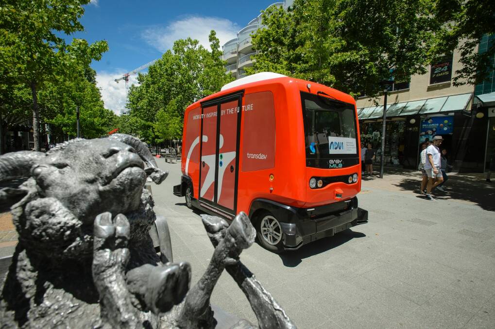 A driverless shuttle, trialled in the city on Thursday.  Photo: Sitthixay Ditthavong