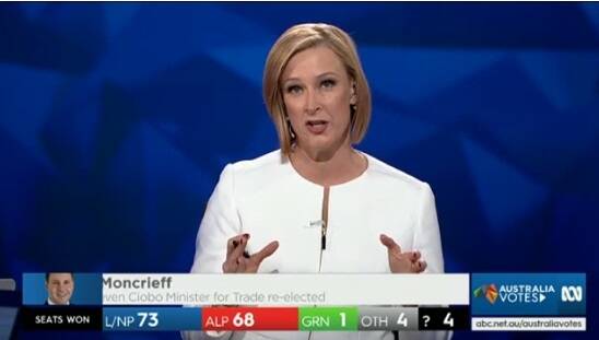 Leigh Sales and her panel put in a marathon effort on a drawn-out election night. Photo: ABC Screenshot