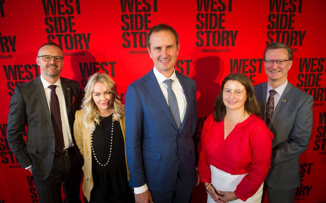Chief Minister Andrew Barr, GWB Entertainment director Richelle Brookman, Opera Australia executive producer Alex Budd, Canberra Theatre Centre programming manager Gill Hugonnet and arts minister Gordon Ramsey at the 'West Side Story' announcement on Wednesday. Photo: Elesa Kurtz