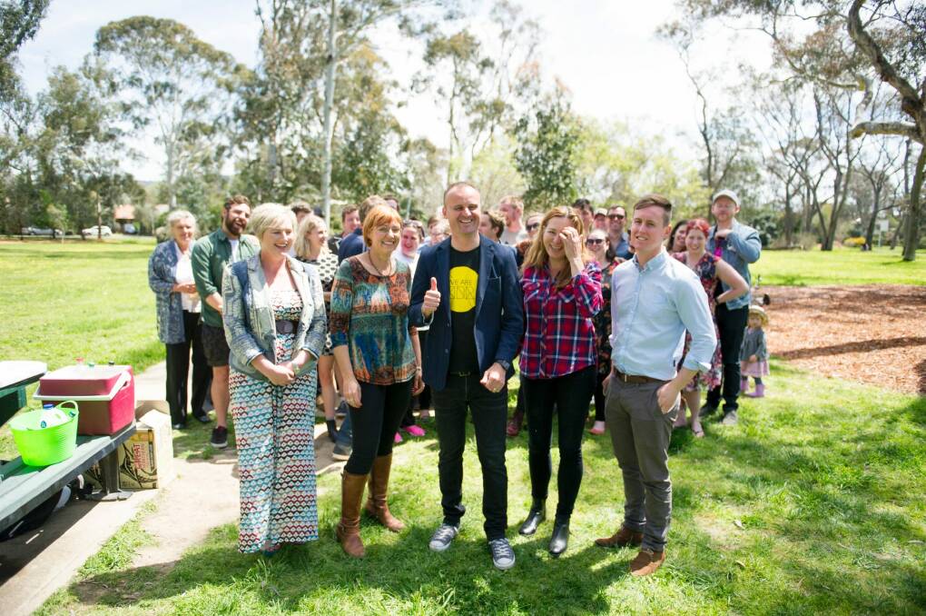 Canberra Labor Party volunteers, candidates and Chief Minister Andrew Barr celebrate their election win at Corroborree Park in Ainslie. Photo: Jay Cronan