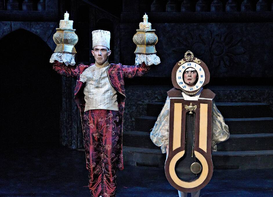 Pippin Carroll (Lumiere), left,  and Meaghan Stewart (Cogsworth) in <i>Beauty and the Beast</i>.  Photo: Ross Gould