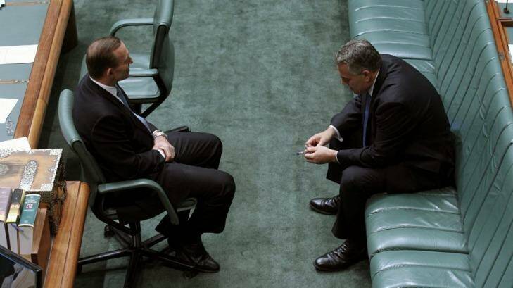 Hard sell: Prime Minister Tony Abbott and the Treasurer Joe Hockey  at Parliament House. Photo: Andrew Meares