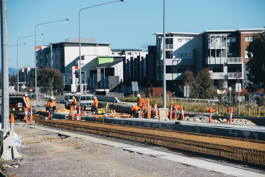 Work on the Gungahlin to Mitchell section of the track is currently concentrated at the intersection of Nullarbor Avenue and Flemington Road. Photo: Rohan Thomson