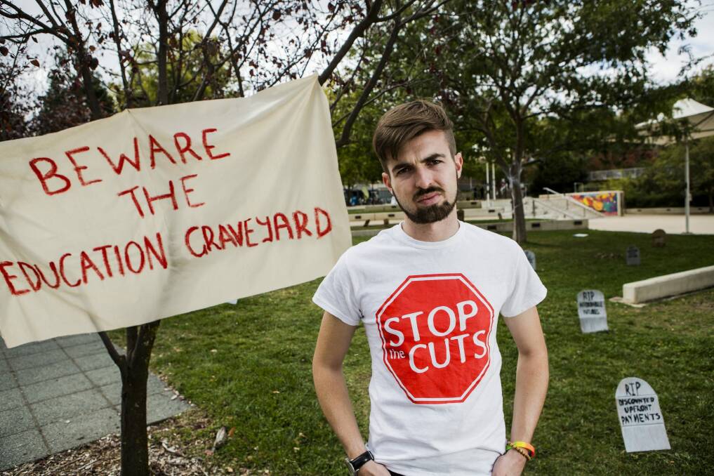 ANU Students' Association president James Connolly protesting uni cuts in 2016. Photo: Jamila Toderas