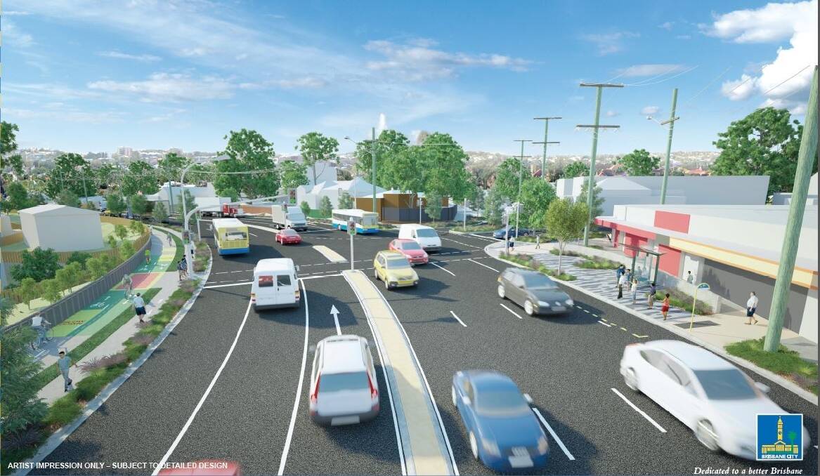 An artist's impression of the proposed stage one of the Wynnum Road upgrade, showing the intersection with Heidelberg Street, East Brisbane. Photo: Brisbane City Council