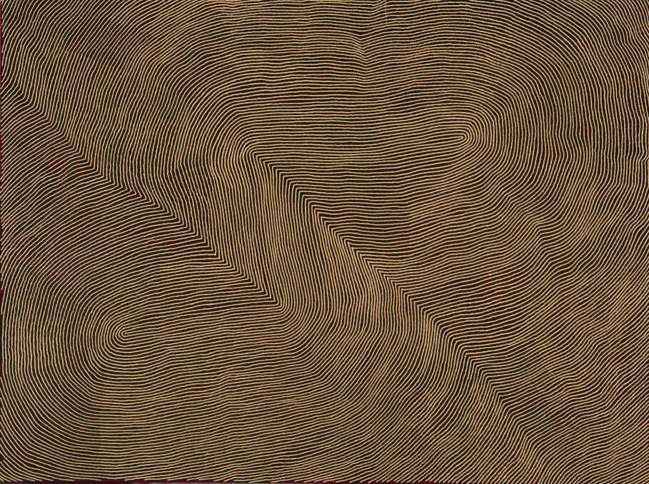 Warlimirrnga Tjapaltjarri, <i>Untitled</i>,  2008, in <i>Western Desert Sublime: The Craig Edwards Gift to the ANU</i> at ANU Drill Hall Gallery. Photo: Supplied