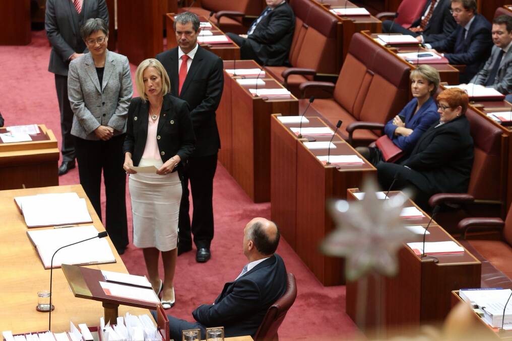 Katy Gallagher being sworn in as a new senator last March. Photo: Andrew Meares