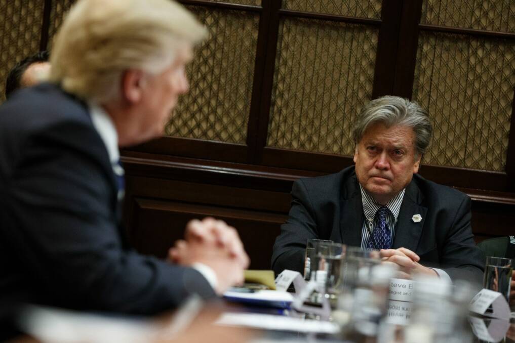 Donald Trump with his chief strategist, Steve Bannon, who helped found Breitbart News. Photo: AP