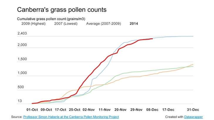 Graph showing grass pollen counts for Canberra 2014 compared to previous years. 