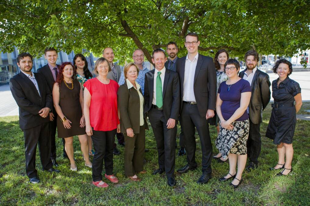 The Greens candidates for 2016, with the five lead candidates in front from left: Caroline Le Couteur, Veronica Wensing, Shane Rattenbury, Michael Mazengarb, and Indra Esguerra. Photo: Jamila Toderas