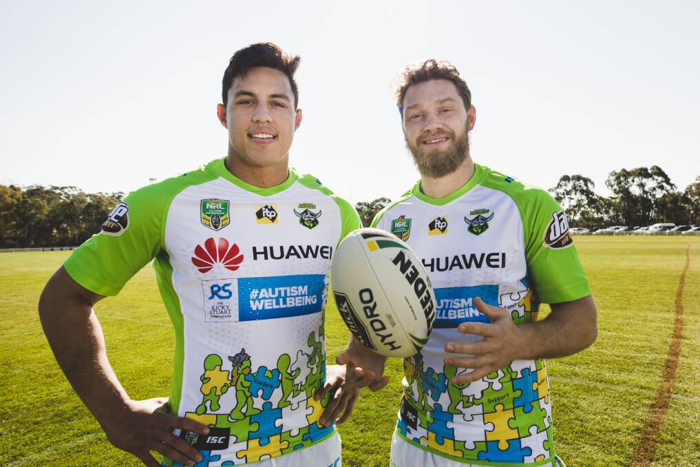 The Raiders will wear an Autism Wellbeing jersey for their clash against the Roosters. Photo: Jamila Toderas
