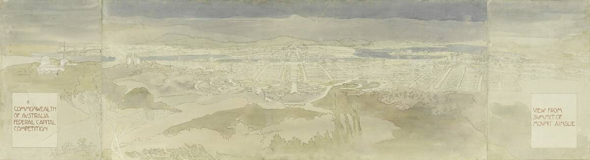 Marion Mahony Griffin's drawings (detail) of Canberra, looking across the plain. Photo: National Archives