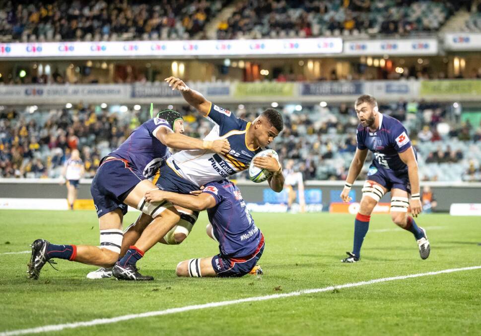 Rob Valetini scoring his first Super Rugby try against the Melbourne Rebels earlier this year.  Photo: Sitthixay Ditthavong