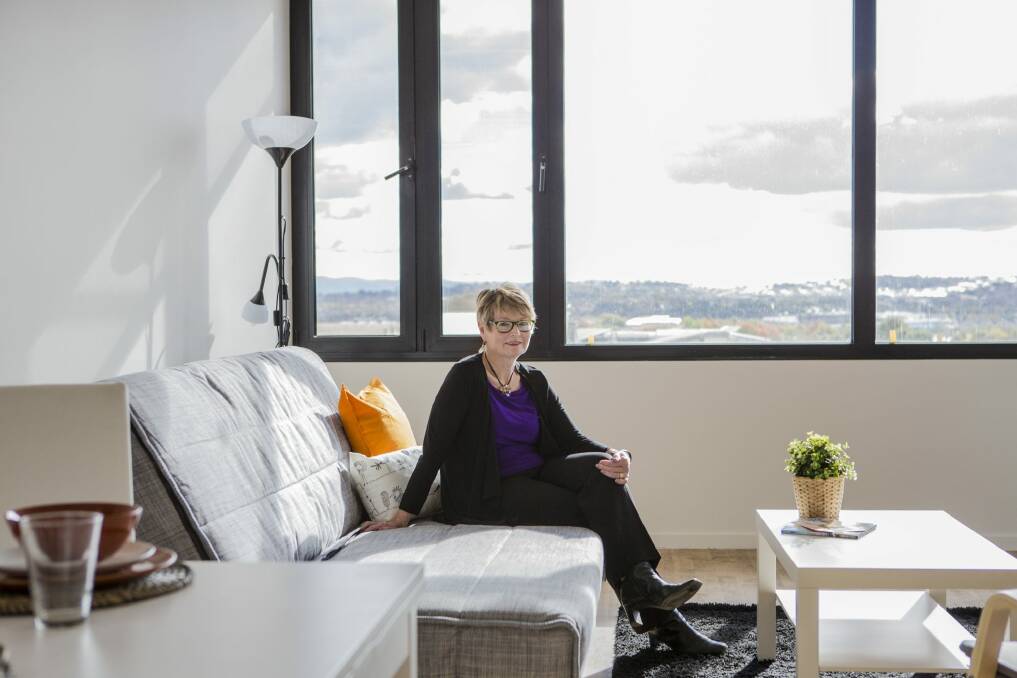 Common Ground Canberra Board member Di Kargas in one of the completed rooms at the housing complex in Gungahlin. Photo: Jamila Toderas