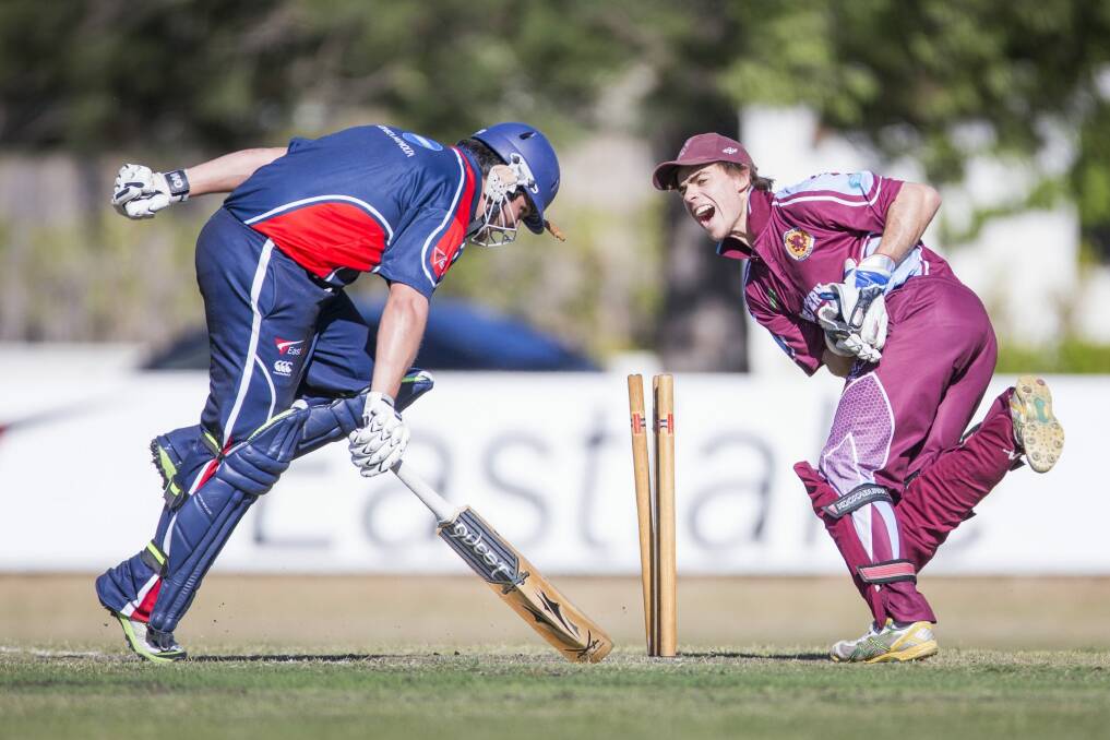 Wests/UC wicketkeeper Sam Carters appeals after attempting to run out Eastlake batsman Tom Henry in their Konica Minolta Regional Cup Twenty20 match on Saturday.
 Photo: Matt Bedford
