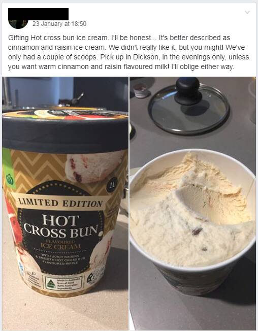 A Buy Nothing group member offers a bucket of ice cream with a  "couple of scoops" missing. Photo: Supplied
