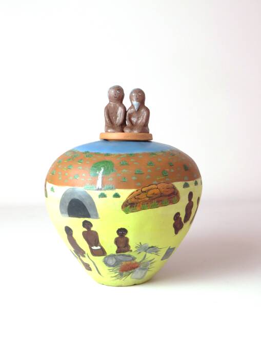 <p>Dawn Ngala Wheeler, <i>Damper Story</i> in <i>Clay Stories</i> at Strathnairn Gallery.</p> Photo: Sabbia Gallery