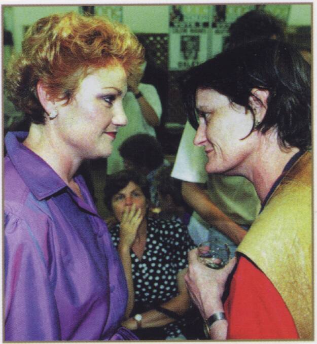Pauline Hanson with journalist Margo Kingston during the campaign, from the back cover of <i>Off the Rails</i>.