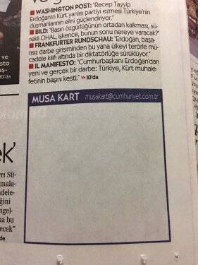 Turkish newspaper cartoonist Musa Kart was arrested and jailed pending trial in early November, along with a number of his journalist colleagues, as part of President Erdoğan’s post-coup crackdown on critical voices in the media. His regular spot in the paper has often been left symbolically blank.