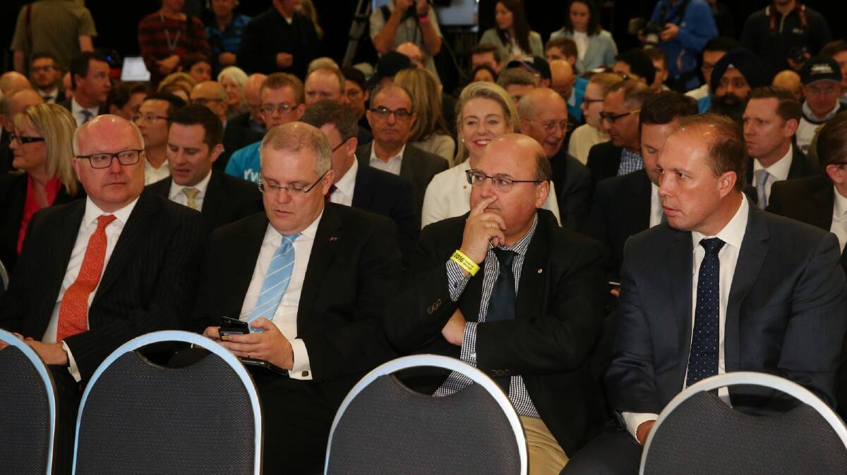 Turnbull ministers Peter Dutton (right) and Senator George Brandis, Scott Morrison, Senator Arthur Sinodinos before the the Coalition national campaign rally. Photo: Andrew Meares