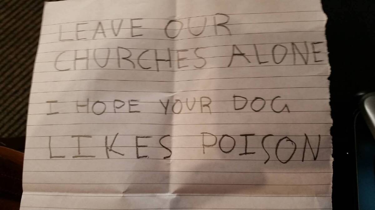 The letter sent to Steven Baily threatening his female dog Bruce. Photo: Supplied