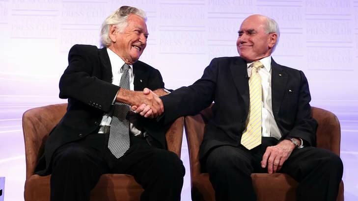 Former Prime Ministers Bob Hawke and John Howard.  Photo: Alex Ellinghausen