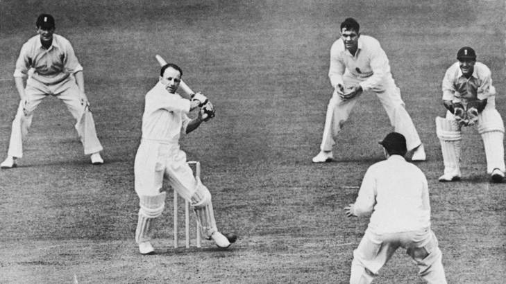 Master blaster: Don Bradman lets fly during the 1948 tour by the 'invincibles'. Photo: Supplied