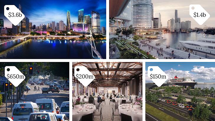 Five big-ticket projects with price tags: Queen's Wharf casino development, Eagle Street Pier revitalisation, Kingsford Smith Drive upgrade, Howard Smith Wharves, and the new cruise ship terminal. Photo: Supplied/Alamy/Fairfax Media