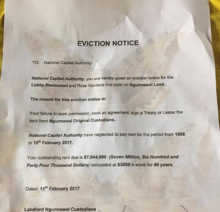 The eviction notice issued to the NCA at the Lobby Restaurant. Photo: Supplied