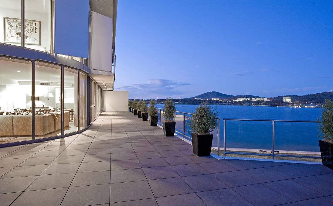 The terrace with lake views at Malcolm Turnbull's now sold Kingston penthouse apartment. Photo: Allhomes