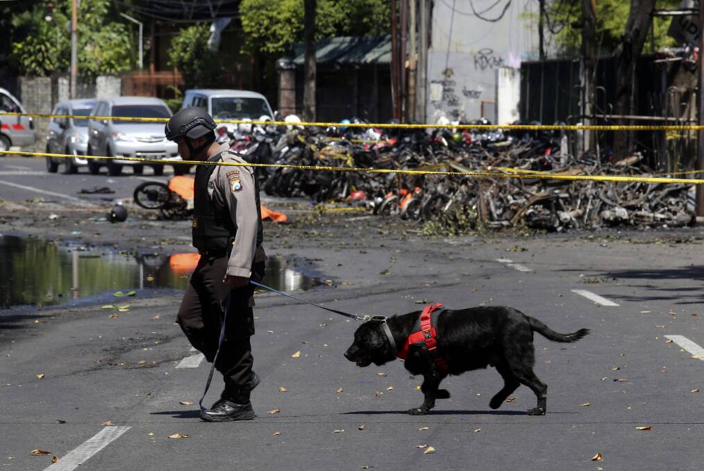 An officer leads a sniffer dog at one of the sites of church attacks in Surabaya. Photo: AP