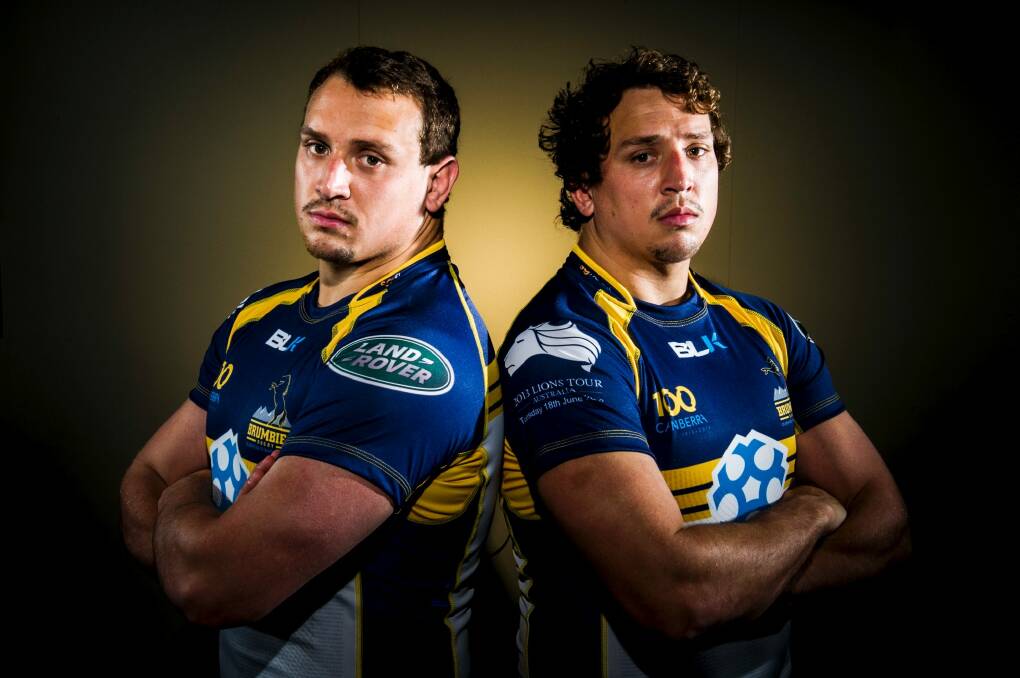 Identical twins Ruan, left, and Jean-Pierre Smith will be the first brothers to be in a Brumbies starting side. Photo: Rohan Thomson