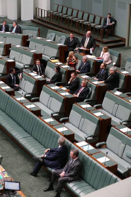 Malcolm Turnbull and Christopher Pyne listen to Warren Entsch introduce the bill. Photo: Andrew Meares