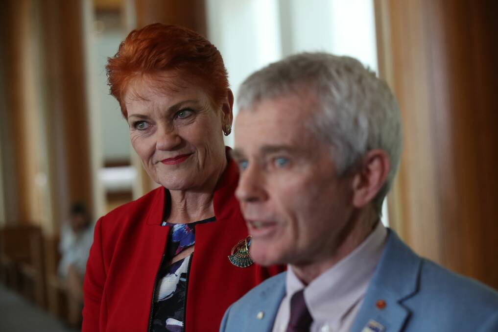 Malcolm Roberts with Senator Pauline Hanson after the High Court ruled him ineligible for Parliament.  Photo: Andrew Meares