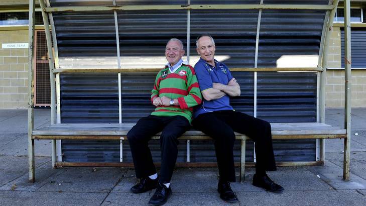 Rabbitohs supporter, Bishop Pat Power and Raiders supporter Monsignor John Woods will clash this weekend with the Raiders taking on the Rabbitohs. Photo: Melissa Adams