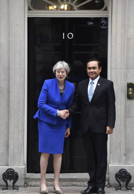 Britain's Prime Minister Theresa May welcomes Thai counterpart Prayuth Chan-ocha to 10 Downing Street last week. Photo: AP