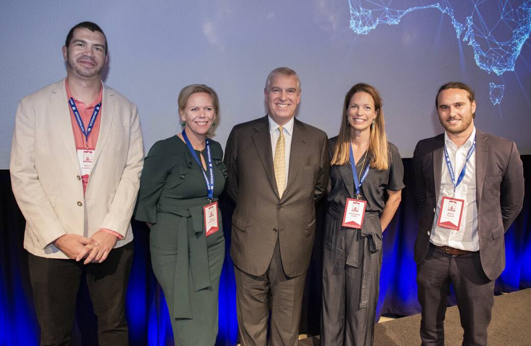 Nick Kamols (PowerWells), Jenny Atkinson (Littlescribe), HRH The Duke of York, Dr Katharine Giles (OncoRes Medical) and Brad Clair (PowerWells) winners of the Pitch@Palace event in Queensland. Photo: Supplied