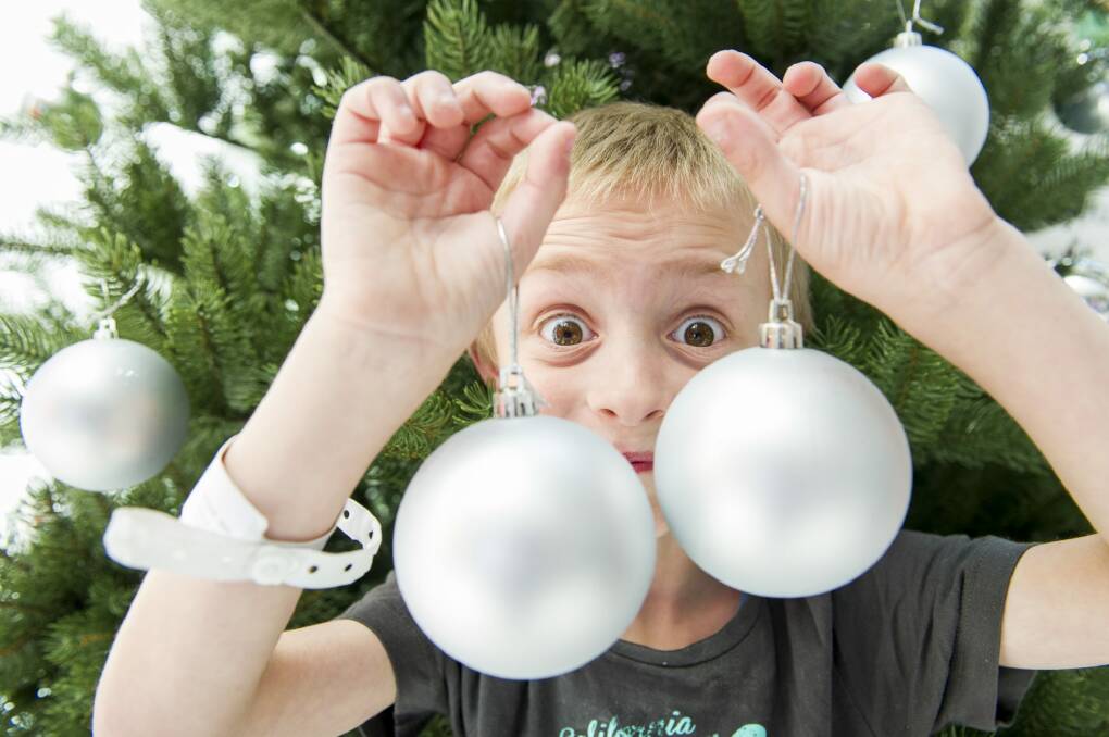 Harley Cusbert, 6, decorating a tree from The Christmas Tree Truck, which will provide 30-35 artificial trees for Canberra Hospital to be sponsored by the public. Photo: Jay Cronan