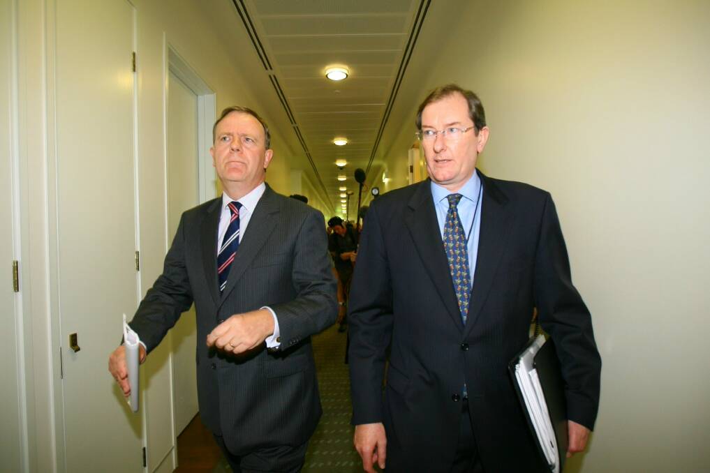 Peter Costello and Loughnane announce the new leaders of the Liberal Party in 2007. Photo: Brendan Esposito