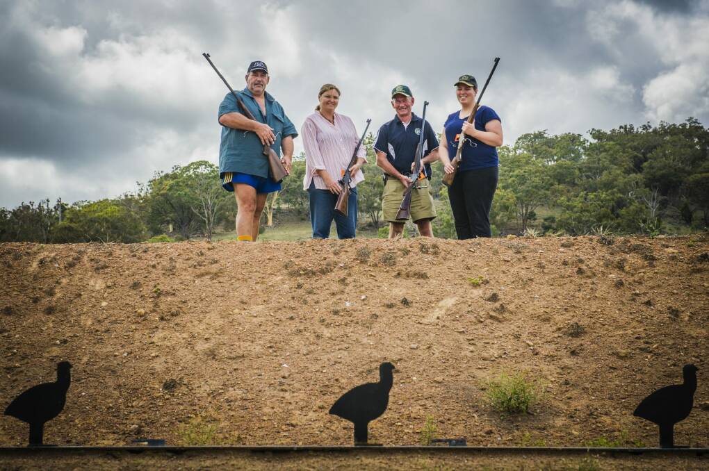 Above target: Members of the Sporting Shooters Association of Australia, from left, Kym Chiaverini of NSW, Leanee Johnston of NSW, President of SSAA ACT David True, and Ashlea McCarthy of SA.  Photo: Jamila Toderas