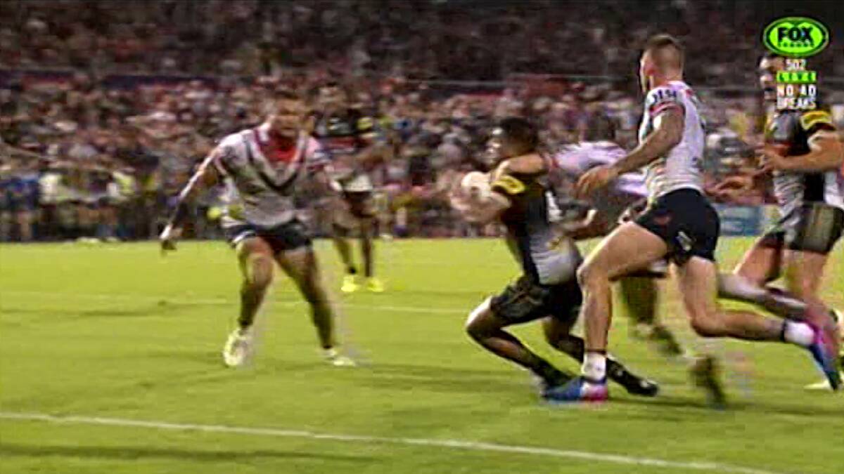 Escaped sanction: Michael Gordon with the controversial tackle on Tyrone Peachey. Photo: Fox Sports