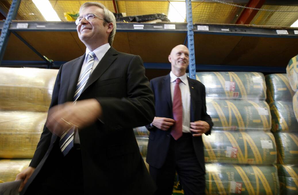 Prime Minister Kevin Rudd and Minister for Environment, Heritage and the Arts Peter Garrett visit the Just-Rite Insulation Warehouse in the Canberra suburb of Fyshwick. Photo: Glen McCurtayne
