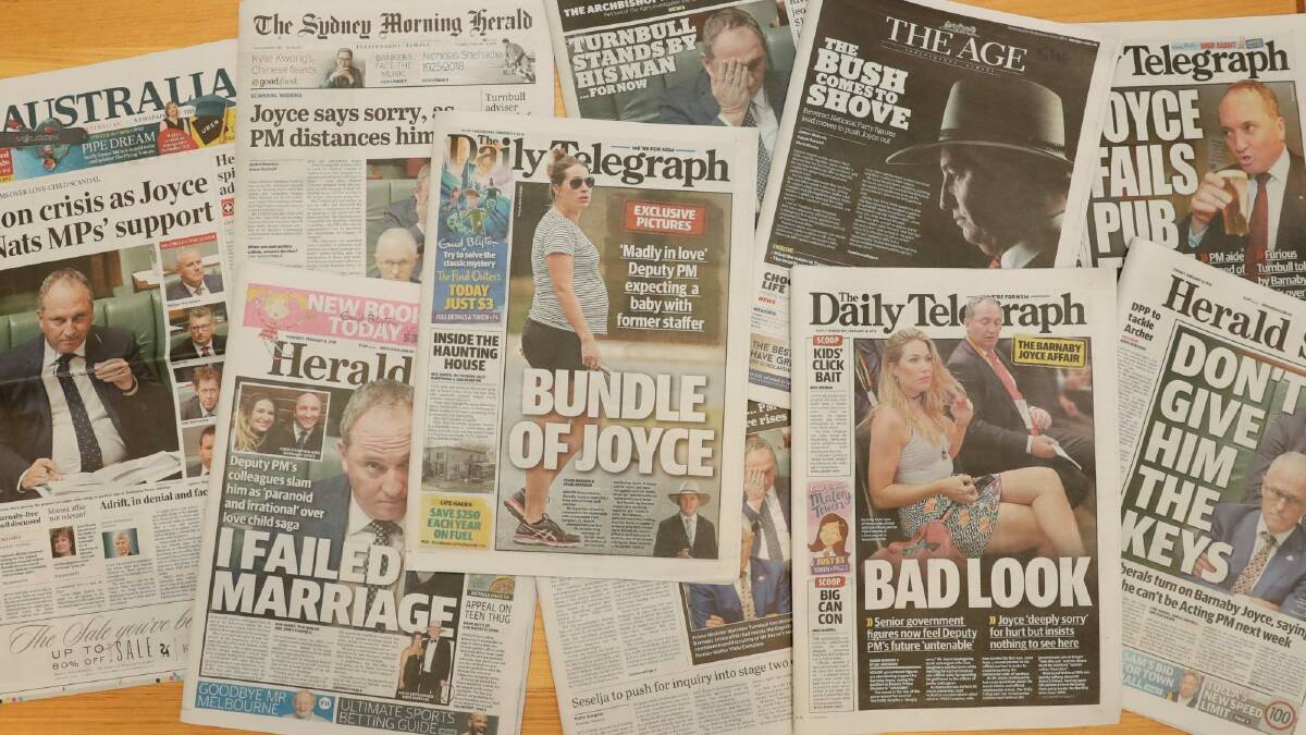 This week's newspaper coverage of Barnaby Joyce's affair. Photo: Alex Ellinghausen