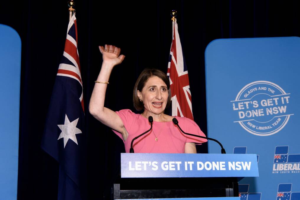 Gladys Berejiklian celebrates her victory in the NSW election. Photo: James Brickwood